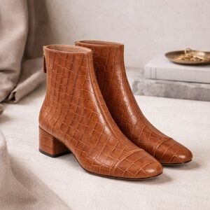 J.Crew 100% Leather Croc Embossed Ankle Boots Cognac Brown /Block Heel Size 5.5